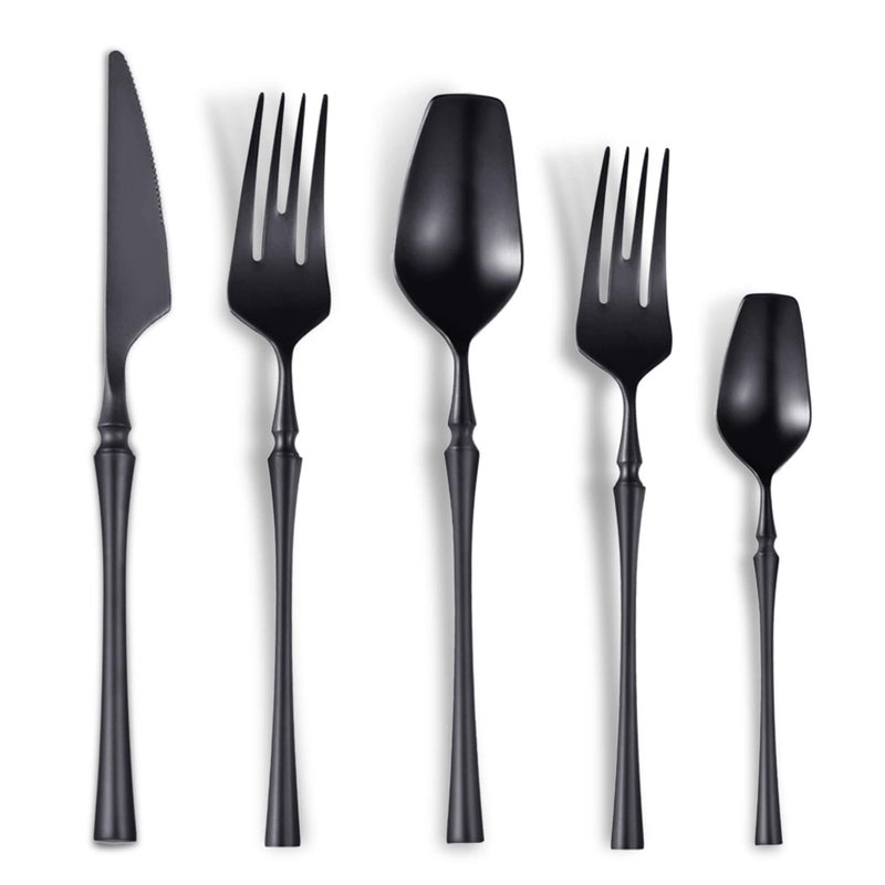 Lemeya 20-Piece Matte Black Silverware Set for 4,Modern 18/10 Stainless Steel Flatware Set,Unique Rustic Cutlery Utensils Set,Spoon and Fork Set for Home, Restaurant,Mirror Polished,Dishwasher Safe - Image 1